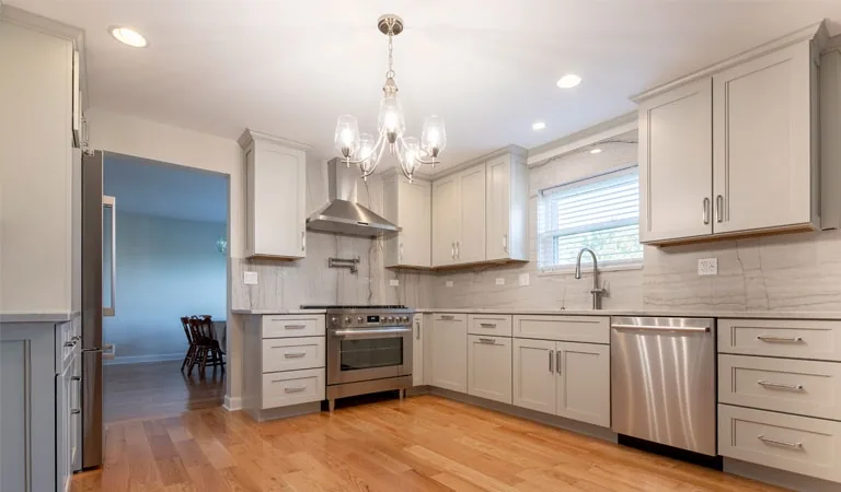 White kitchen, chandelier